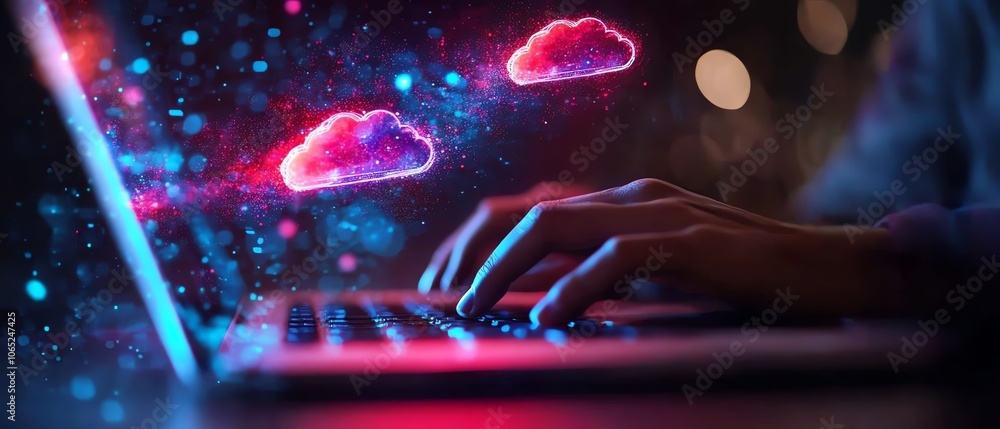 Poster A person engaged in typing on their laptop, with vivid icons of cloud technology and data hovering above, representing the cloud server for storing businessrelated images and text