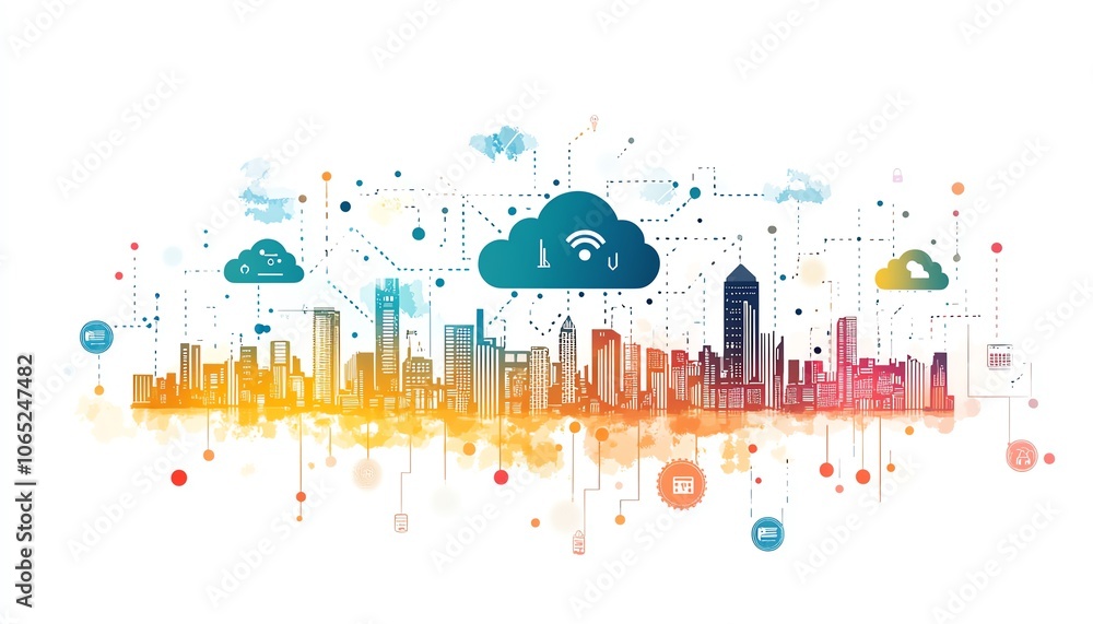 Poster a stunning city skyline featuring digital connections and icons representing cloud computing, symbol