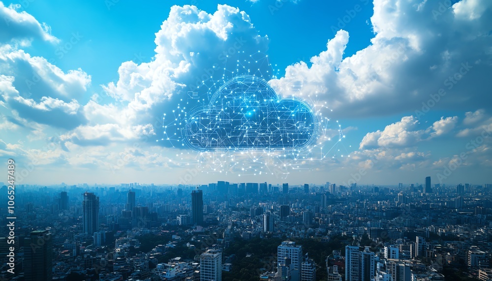 Poster a stunning city skyline featuring digital connections and icons representing cloud computing, symbol