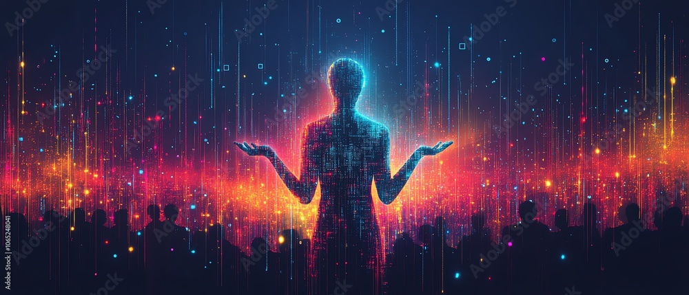 Poster a modern illustration of abstract human icons in a social network framework