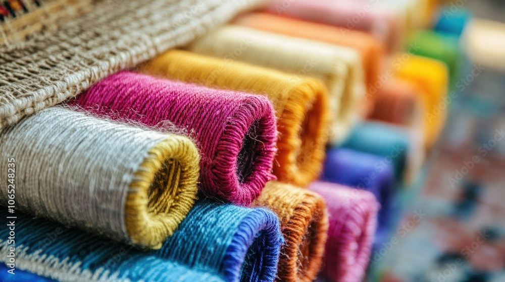Aufkleber close-up of textile weaving, vibrant threads creating geometric patterns. copy space
