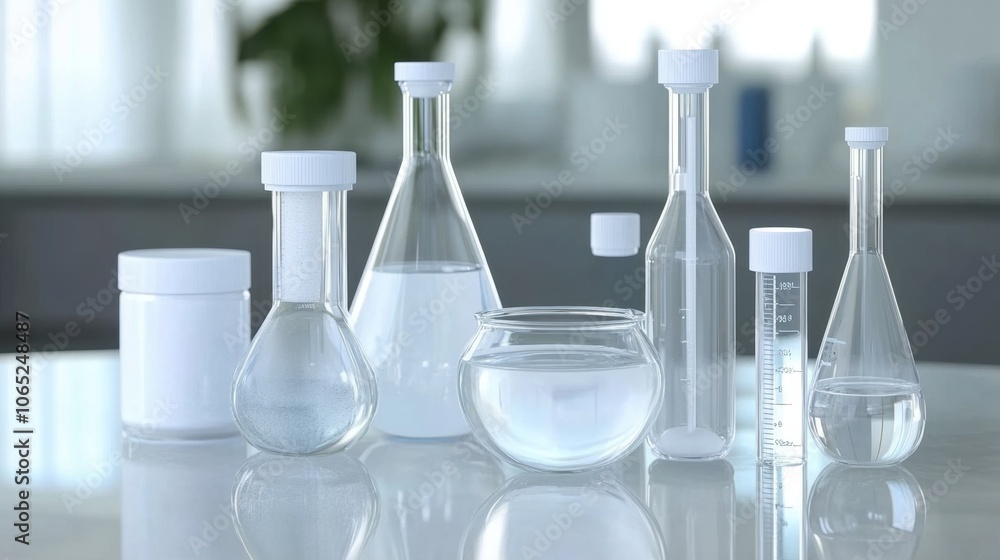 Poster volumetric flasks in various sizes with solutions, each precisely measured, on a reflective lab coun