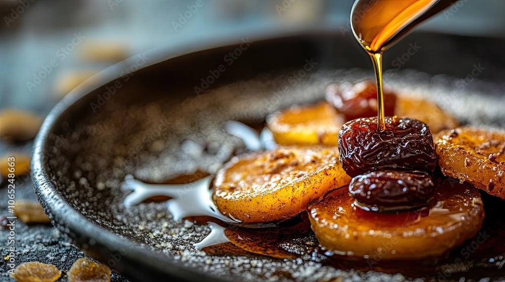 Poster close-up of freshly made luqaimat with a drizzle of date syrup. copy space