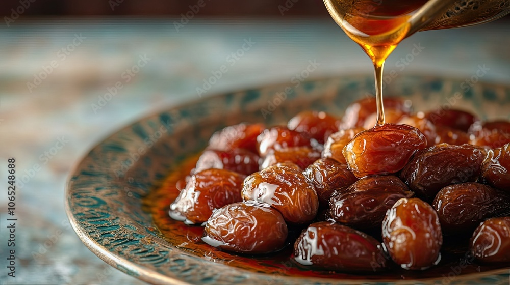 Poster close-up of freshly made luqaimat with a drizzle of date syrup. copy space