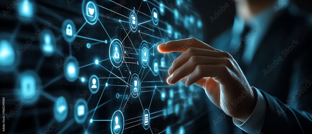Poster an eyecatching illustration of a businessman reaching out to social network icons on a virtual inter