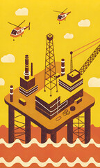 Naklejka premium Retro Oil Platform with Helicopters in Vibrant Yellow Ocean Scene