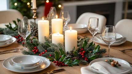 Warm, flickering candles surrounded by pine branches, holly, and berries, set on a festive holiday table