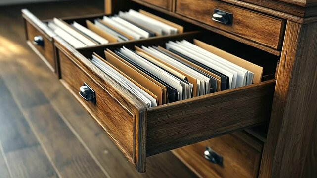 A vintage wooden file storage cabinet with an open drawer packed with documents in manila folders, symbolizing the careful management of corporate paperwork and financial records.