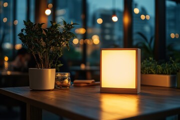Elegant Cafe Setting with Warm Lit Square Display