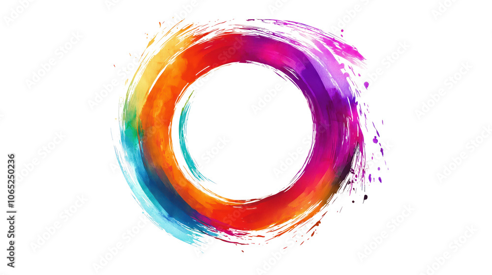 Poster Vibrant abstract art composition with colorful circle shapes, gradient colors. Central circle defined by white to black gradient, surrounded by blue to yellow gradient. Solid gray background provides