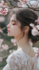 Naklejka premium Serene Profile of a Young Woman Surrounded by Blossoming Flowers