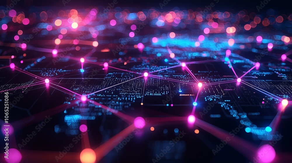 Poster glowing circles connected by lines in layers