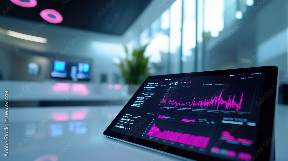 Poster data visualization on tablet in modern office setting