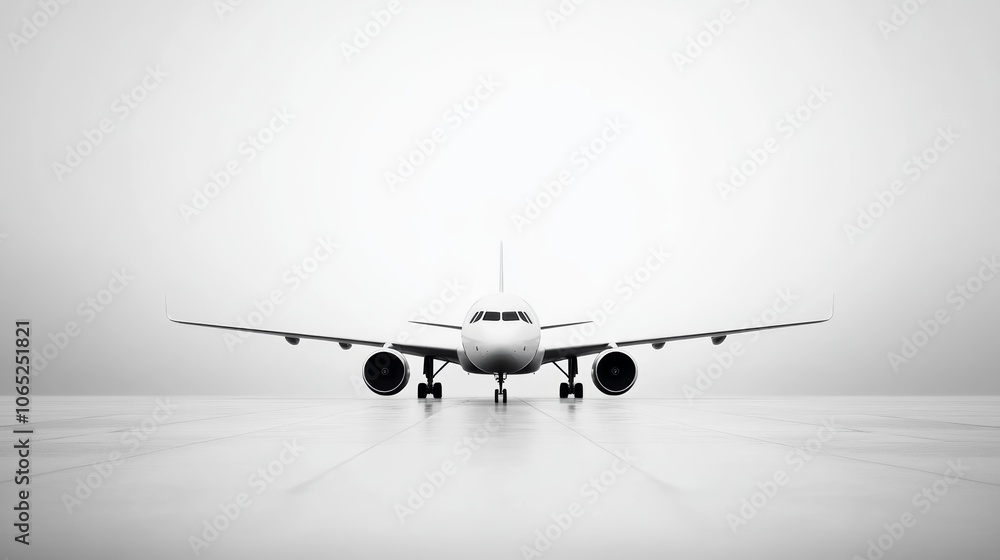 Poster white passenger airplane is standing on an airport runway with a white background. the image evokes 