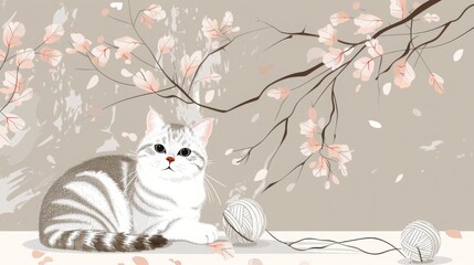 Obraz premium Minimalist illustration of a serene cat sitting on a wooden table, playing with a knitting wool ball, simple geometric shapes and soft pastel colors, perfect for cozy home decor and pet lovers.