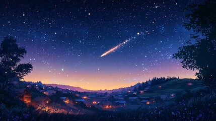 Shooting Star in Twilight Sky Over Quiet Village