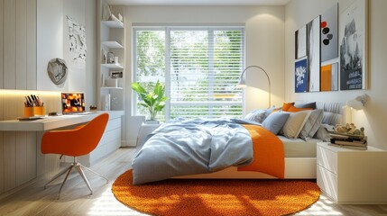 Modern Bedroom Interior with Orange and Grey Accents