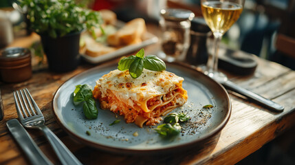 Delicious Lasagna with Basil on a Plate Italian Cuisine Restaurant Food