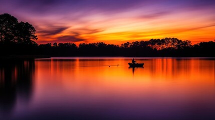 Solitary Figure Rowing on Calm Lake at Sunset