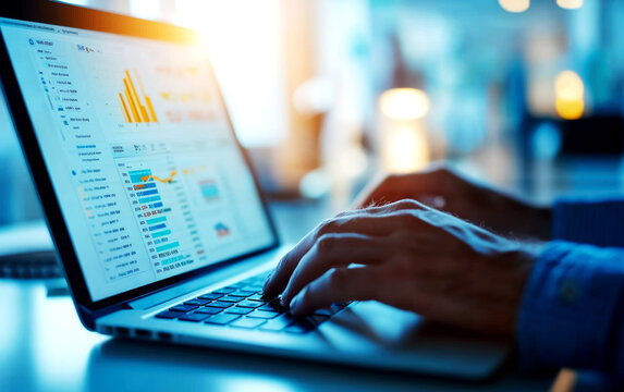 A consultant s hand typing on a laptop, with financial data displayed on the screen, laptop data entry, consulting work