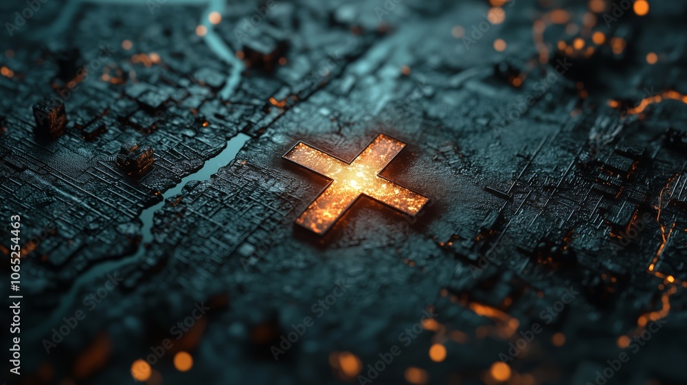 Poster vintage map with glowing path and highlighted mark