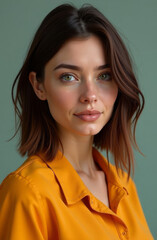 Fototapeta premium Stylish portrait of a woman in orange shirt with green background