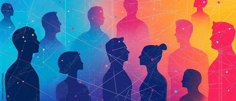 Poster stylized image of a network of people linked by lines, emphasizing the intricacy of collaboration in