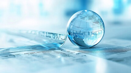 A crystal globe rests atop transparent paper, reflecting light with a soft blue hue, symbolizing global connections and data.