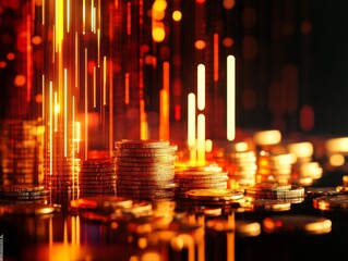 A vibrant display of glowing coins with dynamic light streaks, symbolizing wealth and prosperity in a captivating digital art style.