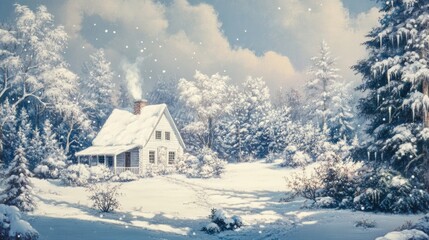 Tranquil Winter Landscape with Snowy Cottage