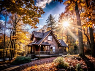 Charming LOFI Autumn House in Forest - Warm Colors, Cozy Atmosphere, Tranquil Escape, Autumn Foliage, Rustic Retreat, Nature's Beauty, Scenic Getaway, Serene Landscape Photography