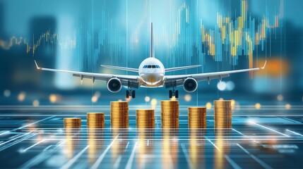 A digital illustration of an airplane approaching a city skyline, with stacks of coins symbolizing financial growth and market trends.