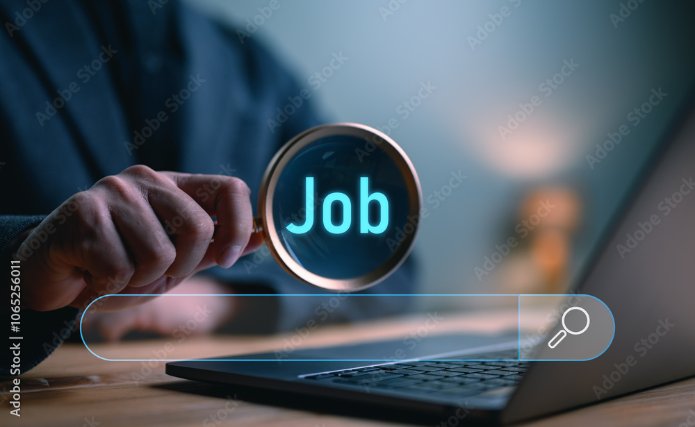 Fototapete Data Search Technology, Search Engine Optimization. Man's hands are using a computer keyboard to searching for Job information. Using Search Console with your website. Job search, job interview