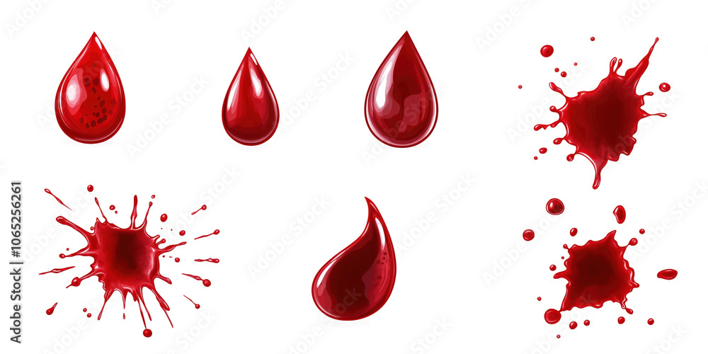 Poster Red blood drop splash isolated on gray background. Set of eight distinct droplets varying in size, shape scattered across background. Droplets arranged randomly overlapping standing alone. Text