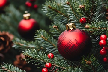 Fototapeta premium The Christmas tree is adorned with glossy red ornaments and bright red berries, creating a festive atmosphere. The lush pine branches enhance the seasonal charm