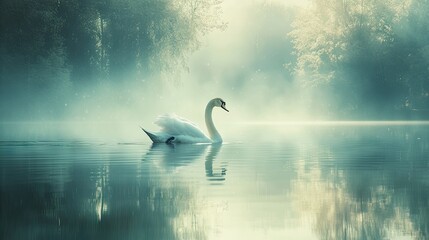 Fototapeta premium Serene Swan Gliding Through Misty Waters