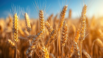 Fototapeta premium Golden wheat swaying in a gentle breeze under the radiant sunset in a serene countryside landscape. Generative AI