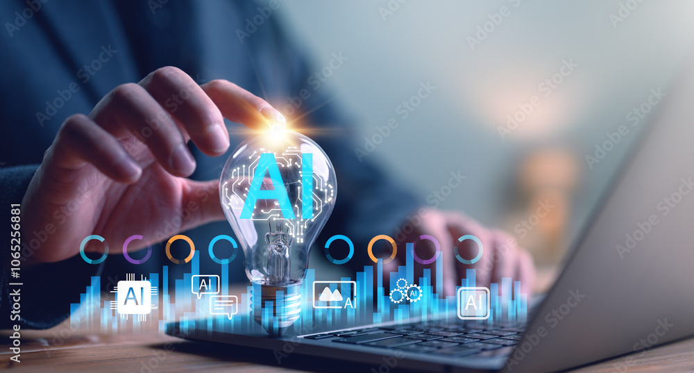 Poster ai technology, artificial intelligence. man show technology smart robot ai, artificial intelligence,