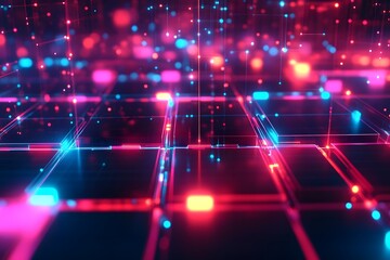Obraz premium A captivating display of glowing squares and vibrant lights forms a digital grid, evoking feelings of technology, motion, and innovation in an abstract environment
