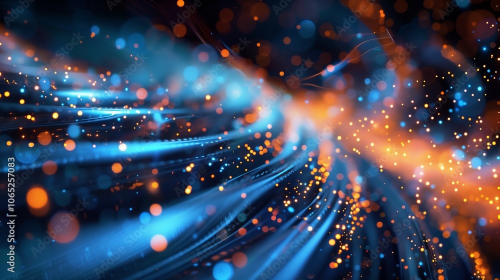 Poster this digital artwork consists of glowing blue and orange light lines, sparkling dots, set against a 