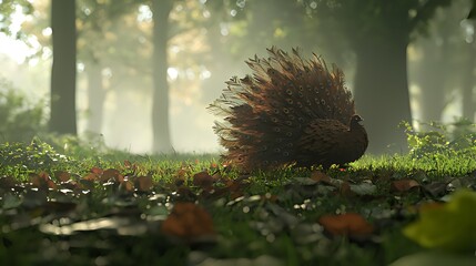 A majestic peacock with its feathers spread out walks through a misty forest.