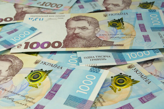 Banknotes 1000 Hryvnia. Real Ukrainian paper money of blue yellow color