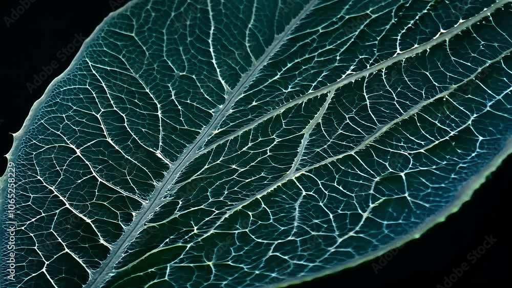 Poster close up view of a teal leaf against a dark backdrop, showcasing intricate veins and mesmerizing lig