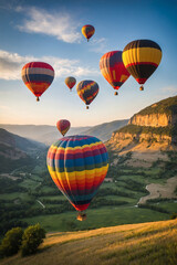 Obraz premium Colorful hot air balloons floating over a scenic valley