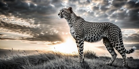 Obraz premium Cheetah Silhouette Against a Serene African Sunset - Fashion Photography Inspiration