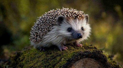 A small hedgehog with brown and white spines stands on a mossy log in a forest.