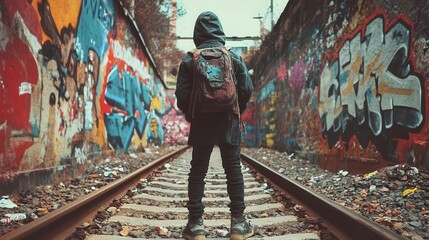 Obraz premium Homeless teen standing by graffiti, close up, focus on, copy space Double exposure silhouette with train tracks