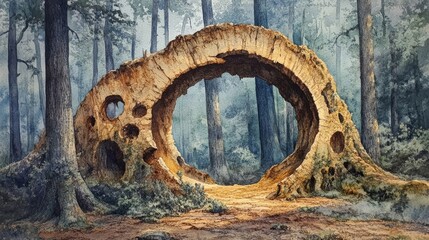 Fototapeta premium A Watercolor Painting of a Hollowed-Out Tree Trunk in a Forest Setting