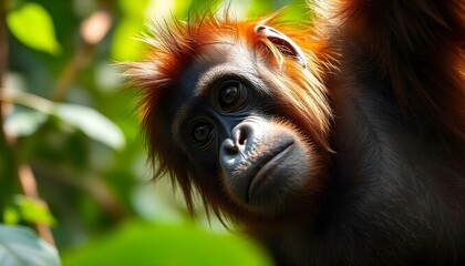 Fototapeta premium A close-up portrait of a young orangutan with reddish-orange fur, peering out from behind green foliage