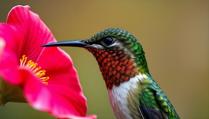 Fototapeta premium Close-up of female ruby-throated hummingbird with shimmering green feathers at a blooming flower